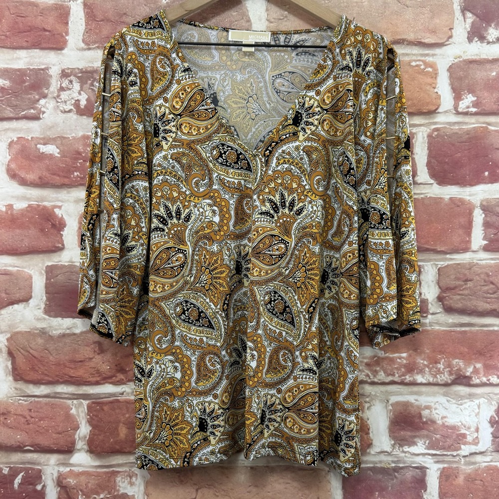 Michael Kors Top Women's L Yellow Boho Floral Logo Lattice Sleeve Casual Shirt